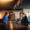 Two Stena Confidential employees talking to each other across a table.